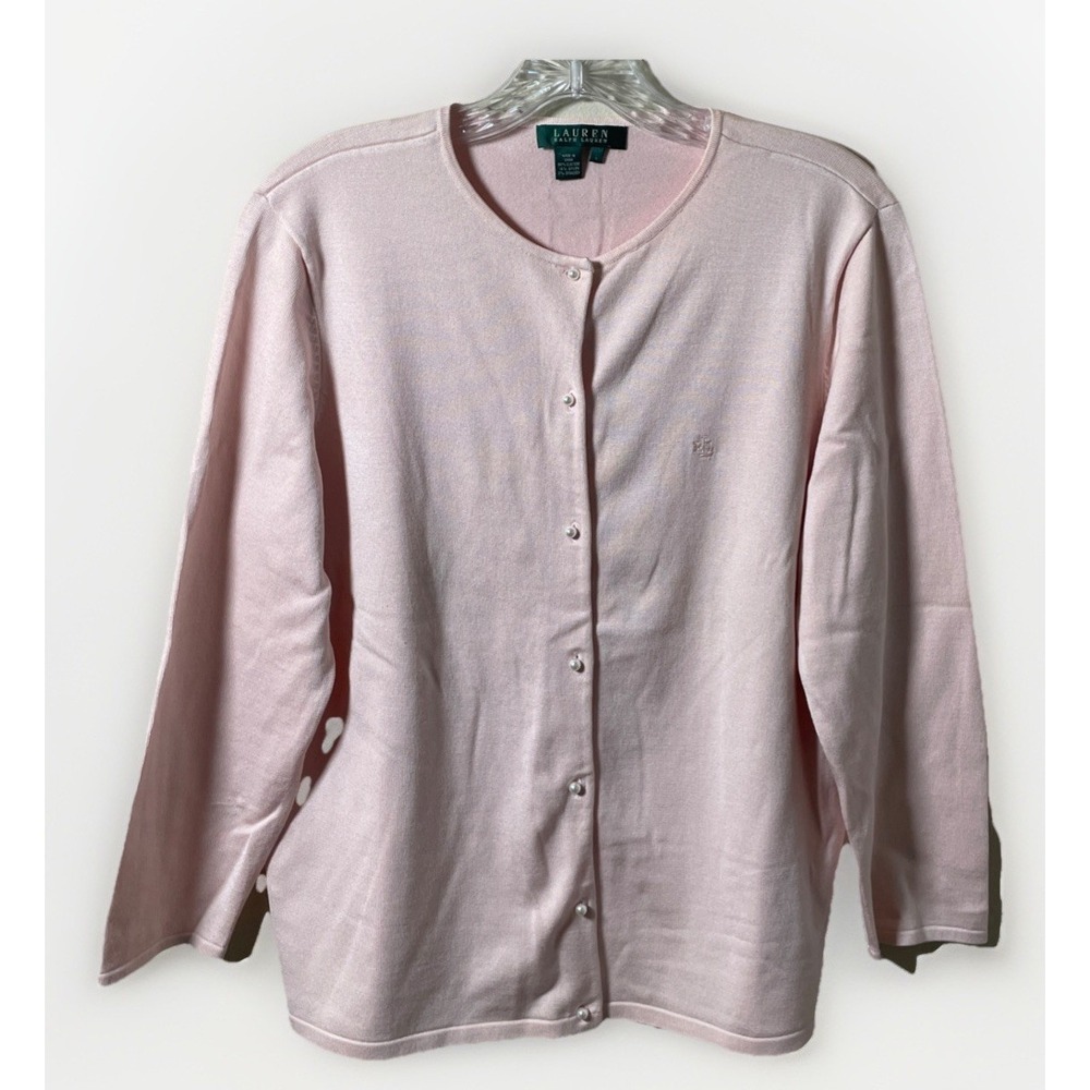Lauren By Ralph Lauren Large Silk Blend Blush Pink Cardigan Knit Pearl Buttons